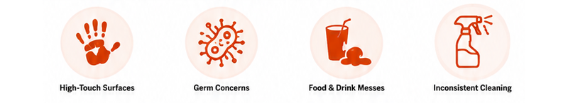 Indoor playground cleanliness concerns infographic highlighting high-touch surfaces, germs, food and drink messes, and inconsistent cleaning.
